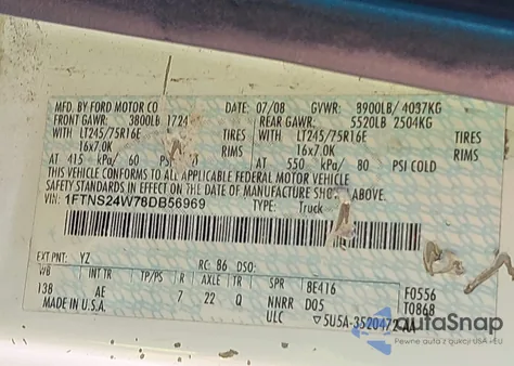 2008 Ford E-250 Commercial/Recreational z USA, uszkodzony, nr VIN 1FTNS24W78DB56969